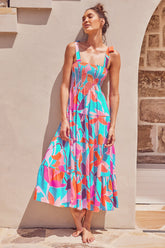 Luvanna - Flirty Smocked Strappy Midi Dress